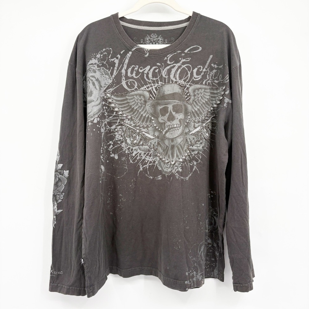 Marc Ecko Mens Winged Skull Graphic Y2K Streetwear Long Sleeve Shirt Size 2XL